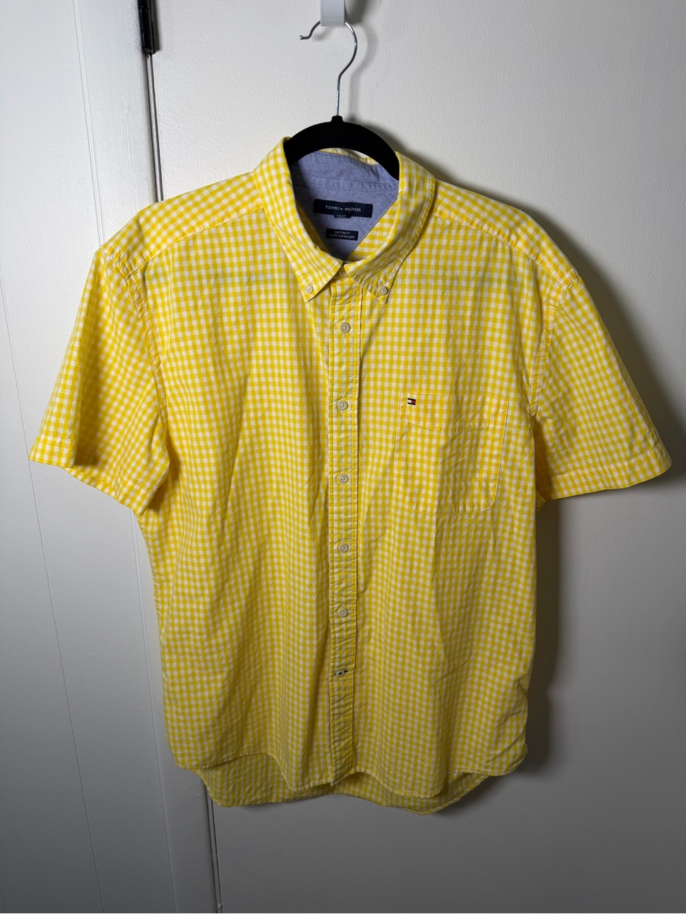 Tommy Hilfiger Men’s Short‑Sleeve Shirt | Yellow Check Custom Fit | XL | GUC